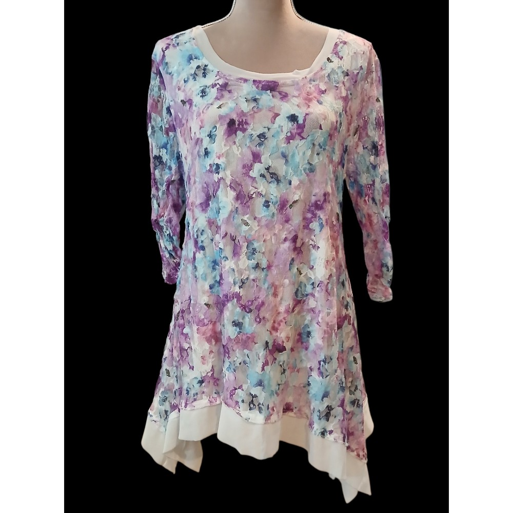 Casual Express Purple Blue Floral Lace Tunic Top XL Metallic Shimmer Sharkbite